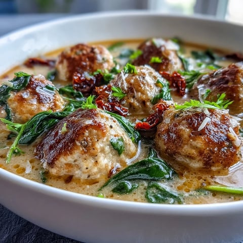 Creamy Tuscan Turkey Meatball Soup steaming in a rustic bowl with vibrant spinach and chopped sun-dried tomatoes.