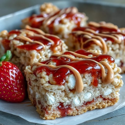 Freshly cut High-Protein PB&J Rice Krispie Bars showcasing a vibrant jelly swirl and creamy peanut butter drizzle on a marble board.