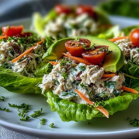 Freshly mixed High-Protein Tuna Salad Lettuce Cups topped with sliced avocado and cherry tomatoes on a plate.