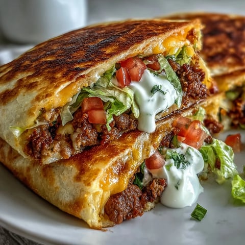 A golden-brown Keto Taco Bell Copycat Crunchwrap is sliced in half to reveal layers of seasoned beef, melted cheddar, and crisp lettuce inside a low-carb tortilla.