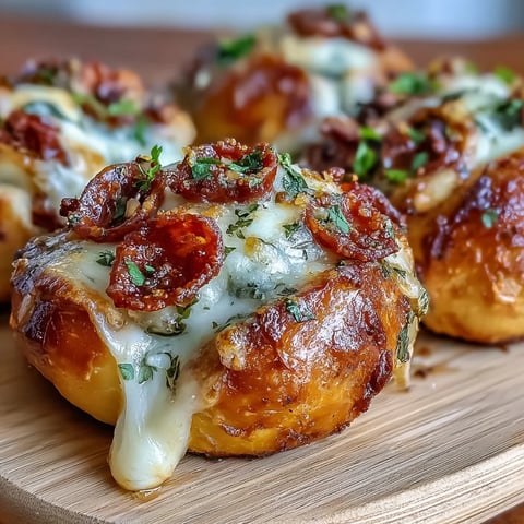 Freshly baked Pizza Roll Stuffed Garlic Knots golden brown and blistered, brushed with melted garlic butter and fresh parsley. 