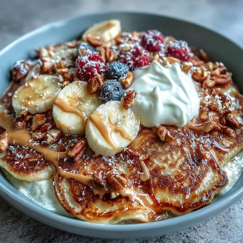 Warm, golden pancakes made with oats, banana, and protein powder, topped with Greek yogurt, berries, and a honey drizzle for a nourishing breakfast bowl.