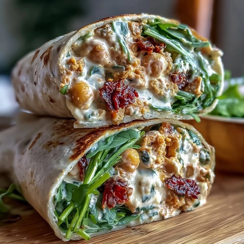 Vibrant vegan chickpea salad wraps with sun-dried tomatoes, creamy mayo, crunchy veggies, and fresh herbs, all rolled in soft tortillas.