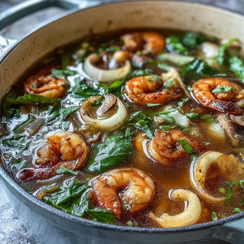 Asian Hot Pot Seafood: A steaming pot of savory broth filled with fresh shrimp, fish, mussels, and crisp vegetables, ready for interactive table cooking.