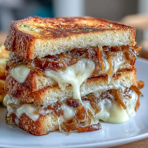 Gooey Gruyere cheese melts between tangy sourdough with sweet caramelized onions in this gourmet grilled cheese.