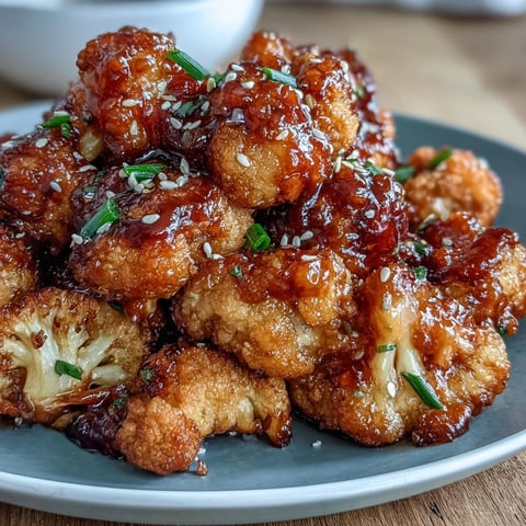 Crispy air fryer General Tso's cauliflower with golden florets in a glossy sweet-spicy sauce, garnished with sesame seeds and scallions.  