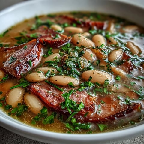 Hearty ham and butter bean soup with tender beans, smoky ham, and fresh herbs in a savory broth.  
