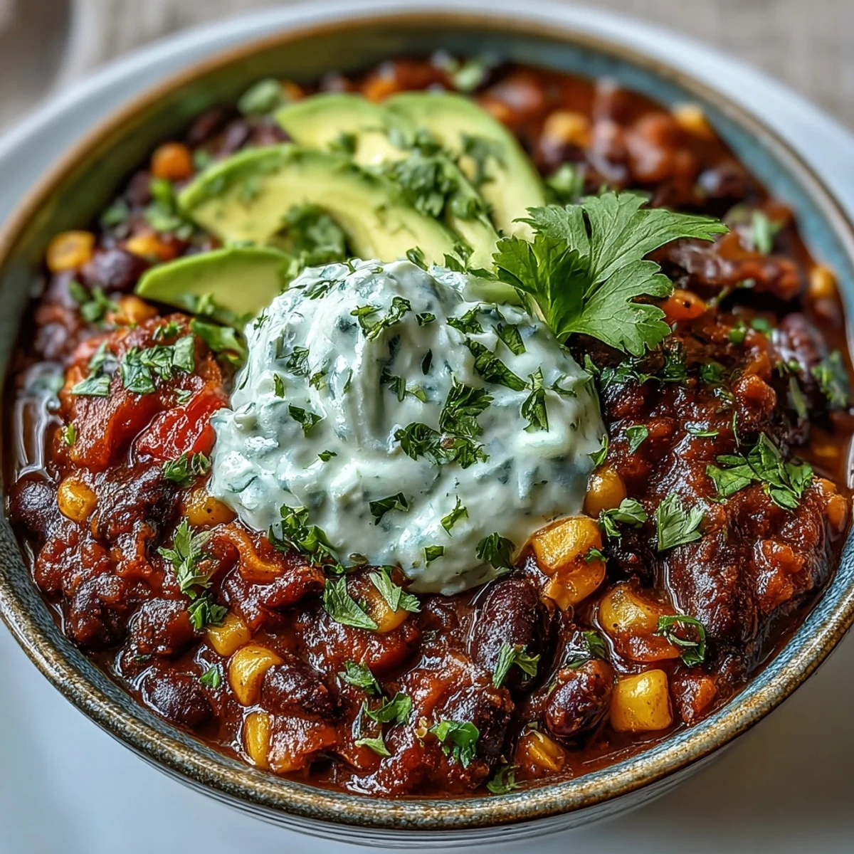 Hearty vegetarian black bean and corn chili with smoky spices and a tangy lime crema drizzle.  