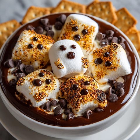 Warm and gooey Spooky S’mores Dip: melty chocolate swirled and ready for graham crackers.