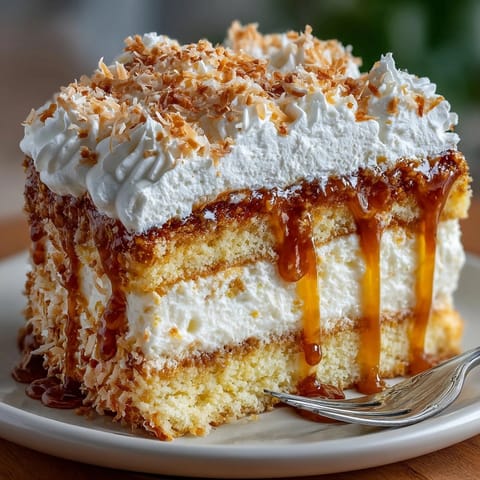 Festive, moist Tres Leches Coconut Eggnog Cake slice with creamy topping and coconut flakes.