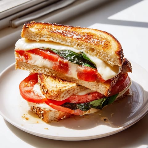 Hot Caprese Grilled Cheese with Balsamic: sourdough, basil, and mozzarella, ready to eat.