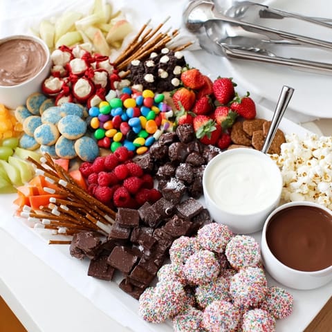 Festive dessert boards with chocolate pretzels and vibrant candies for game night joy.  
