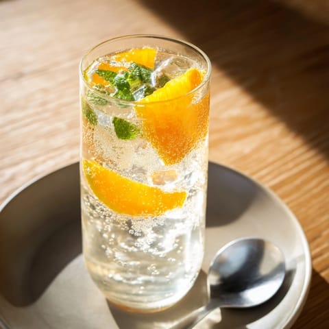 Lightly sparkling probiotic soda mocktail served with ice and garnished with fresh orange.  