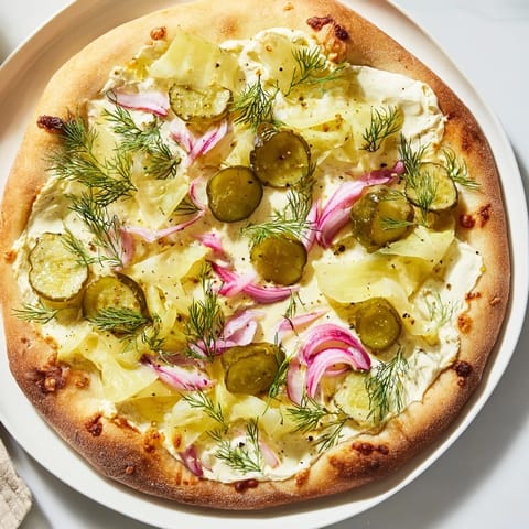 Golden-brown Pickle Pizza topped with crunchy dill and rich crème fraîche sauce.  