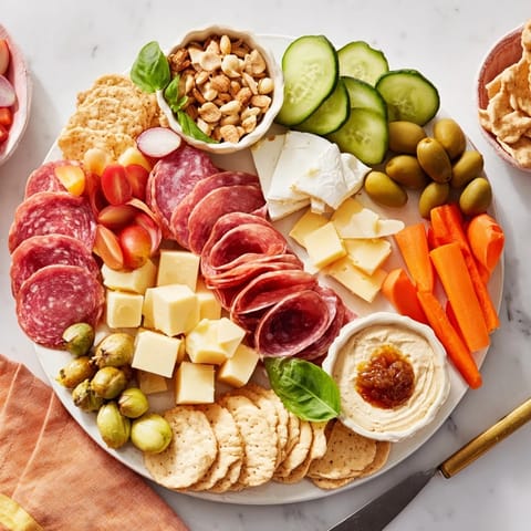 Charming charcuterie-style board showcasing snacks and vibrant veggies for sharing.  