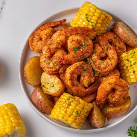 Vibrant Cajun Shrimp & Sweet Corn Platter with visible spice and the aroma of roasted vegetables.