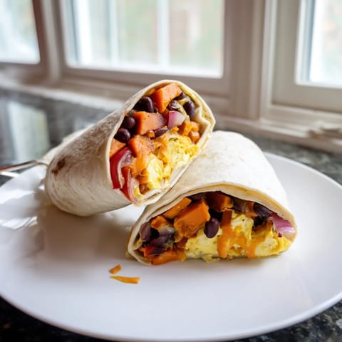 A close-up of a warm sweet potato & black bean breakfast burrito with fresh cilantro and salsa.