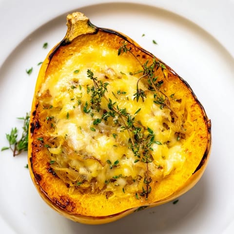 A delicious Caramelized Onion Gruyere Acorn Squash, ready to serve, features melted cheese and herbs.
