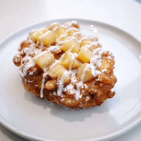 Warm, freshly fried Apple Fritters showing plump apple bits, served with a sweet, creamy glaze.