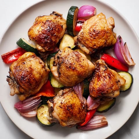Golden-brown Black Garlic and Balsamic Chicken thighs surrounded by colorful, tender roasted vegetables.