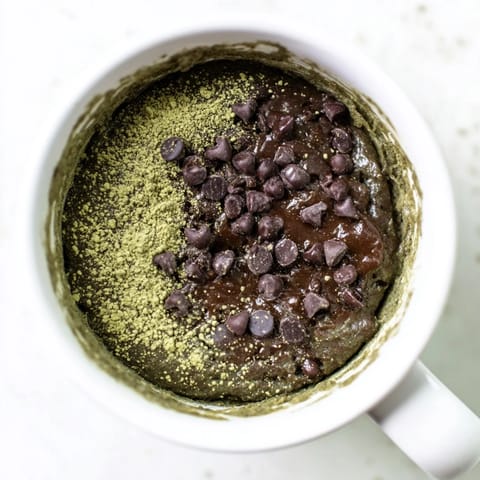 Steaming-hot Matcha Peppermint Brownie Batter Mug Cake, perfect for a cozy, single-serve treat, ready in one minute.