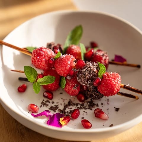 Fresh raspberries, mint, and chocolate shavings accent these elegant Baisers de Minuit garnishes.