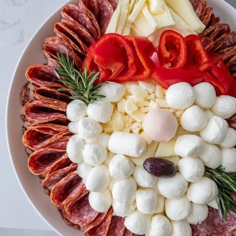 Savory "Santa's Beard and Hat Board" appetizer, featuring salami, prosciutto, and vibrant red pepper slices.