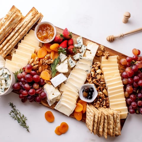 Artfully arranged, The Waterfall Edge Grazing Board features cheeses, fruits, and meats spilling off the edge.