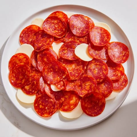 Vibrant image of a Dragon Scale appetizer: Pepperoni and melted cheese tiles arranged artfully for a delicious snack.