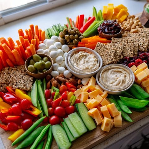 A tempting Veggie Snack Board featuring crunchy crackers, fresh veggies, varied cheeses, and dips.