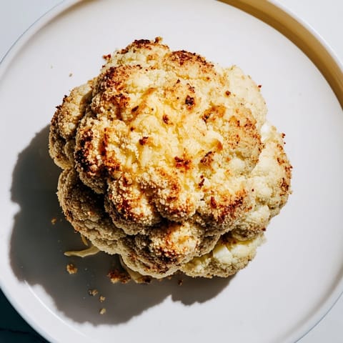 Golden brown Cheesy Stuffed Cauliflower Head topped with buttery breadcrumbs, garnished with fresh chives on a rustic serving platter.  