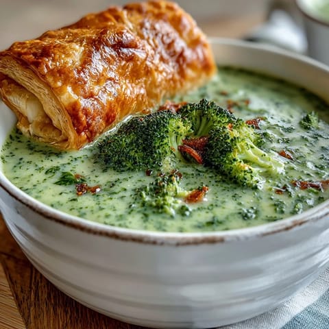 Creamy broccoli and butternut squash soup is topped with a flaky cheese pastry, garnished with thyme and pepper for serving.