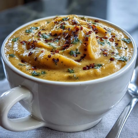 Creamy butternut squash broccoli cheddar soup is garnished with extra sharp cheddar and fresh herbs.