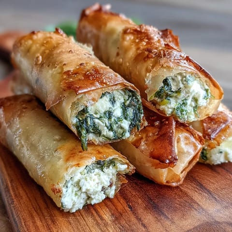 Freshly fried Spanakopita Spring Rolls, revealing a steaming, savory filling of herbs and feta on a rustic plate.