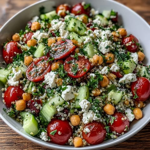 Served in a white bowl, this High Protein Quinoa & Chickpea Salad showcases crumbled feta and fresh parsley for a Mediterranean-inspired lunch.  
