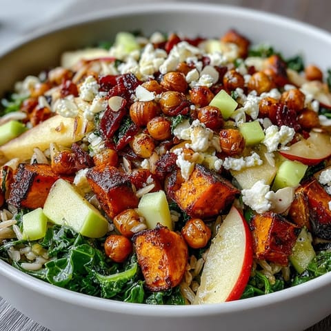 A vibrant Fall Harvest Bowl with toasted almonds, Brussels sprouts, celery, and crumbled feta, ready to serve as a wholesome vegetarian main dish.