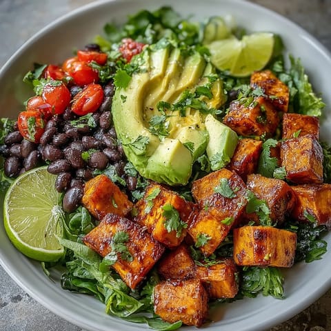 A vibrant Sweet Potato and Black Bean Bowl with creamy avocado slices and fresh salsa.