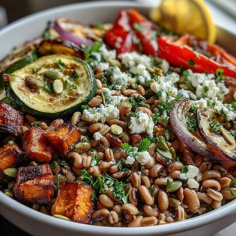 Colorful Black-Eyed Pea Grain Bowl topped with fresh herbs, toasted pumpkin seeds, and lemon wedges.