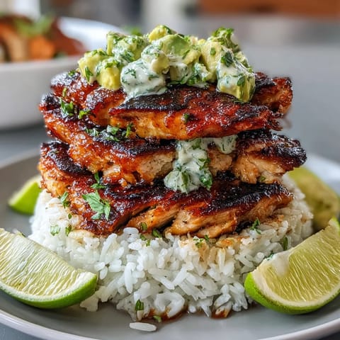A colorful plated Tangy Honey Lime Chicken & Avocado Rice Stack served with lime wedges, perfect for a fresh and healthy weeknight dinner.
