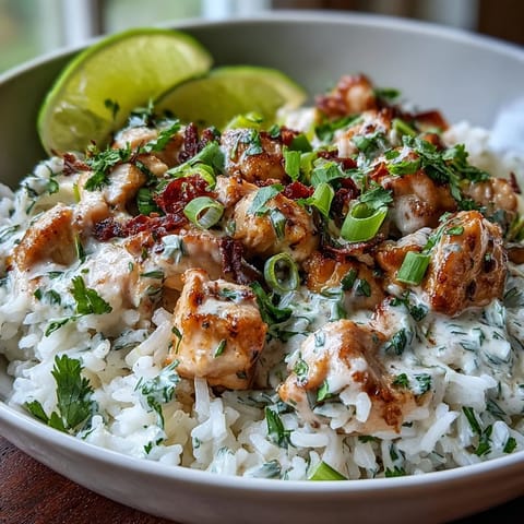 Steaming bowl of Coconut Chicken Rice Bowl featuring golden chicken, luscious coconut sauce, and bright lime, ready for a quick weeknight dinner.