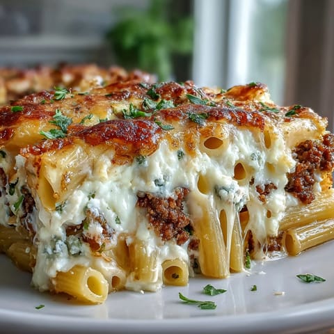 A hearty serving of Cottage Cheese Protein Pasta Bake, layered with marinara, topped with melted cheese, and garnished with fresh parsley on a dinner plate.