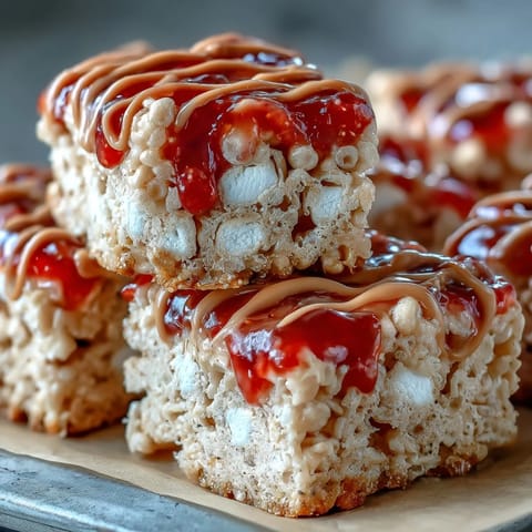 Stacked High-Protein PB&J Rice Krispie Bars reveal a dense, chewy interior with a sweet jelly glaze and melted marshmallow base.