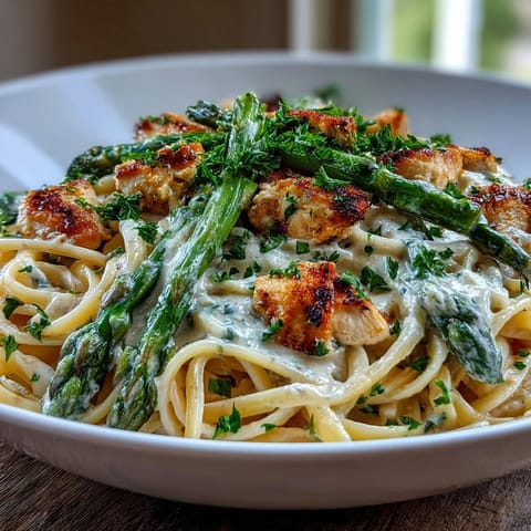 Golden roasted asparagus with crispy Asiago cheese topping alongside tender chicken pieces for Creamy Asiago Chicken & Asparagus Pasta.