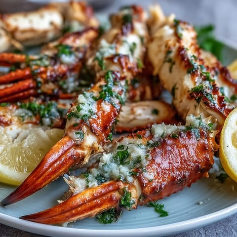 Keto Garlic Butter Crab Legs with Lemon Wedges baked golden and brushed with garlic butter.