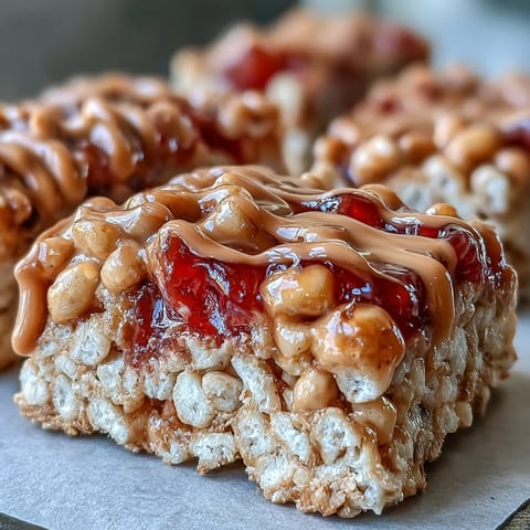 Cooled High-Protein PB&J Rice Krispie Bars are cut into squares, showing a chewy texture and glossy jelly swirls on top.