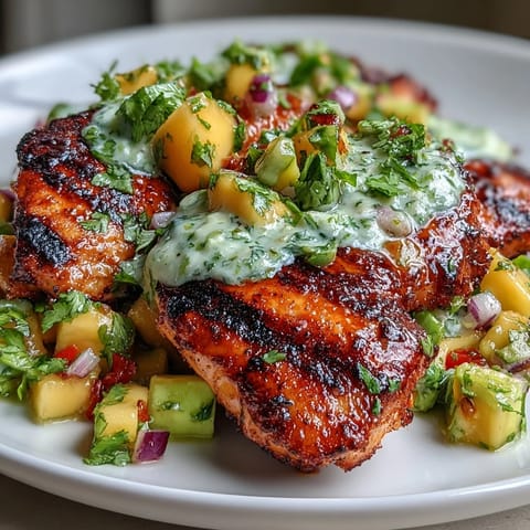 Grilled chicken breasts topped with vibrant mango avocado salsa for a fresh, summery meal.