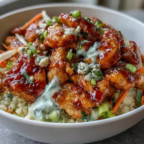 Keto Buffalo Chicken Cauliflower Rice Bowls with spicy chicken, crisp veggies, and creamy ranch drizzle in a low-carb meal.
