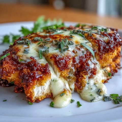 Crispy almond flour-crusted chicken breasts topped with marinara sauce and gooey mozzarella over zucchini spirals.  