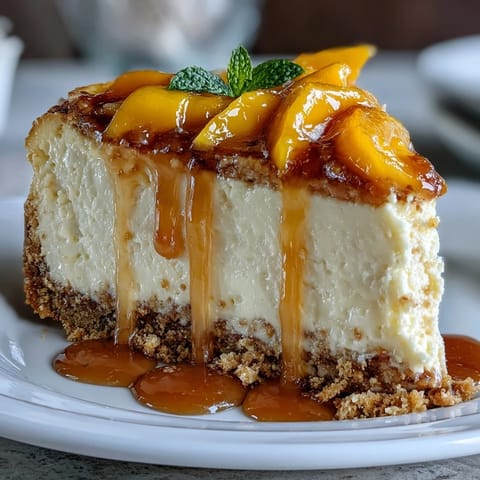 Silky smooth mango cheesecake topped with glossy mango coulis, perfect for a refreshing dessert.  