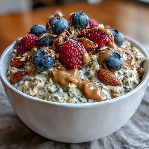 Creamy overnight oats topped with fresh berries and a drizzle of almond butter in a glass jar.  